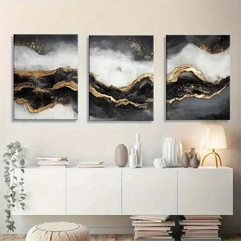 3pcs Abstract Golden and Black Wave Flowing Design Metal Print Ready to Hang Art