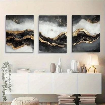 3pcs Abstract Golden and Black Wave Flowing Design Metal Print Ready to Hang Art
