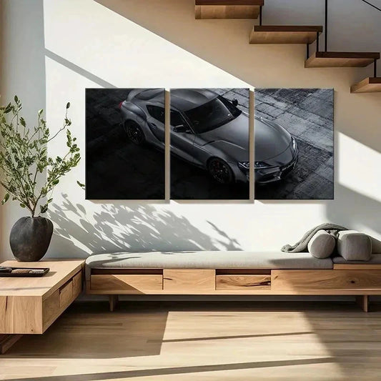3pcs Grey Sports Super Car Modern Vehicle Wall Art Set Canvas Framed 50x70cm - High Quality Print 100% Australian Made Wall Canvas Ready to Hang