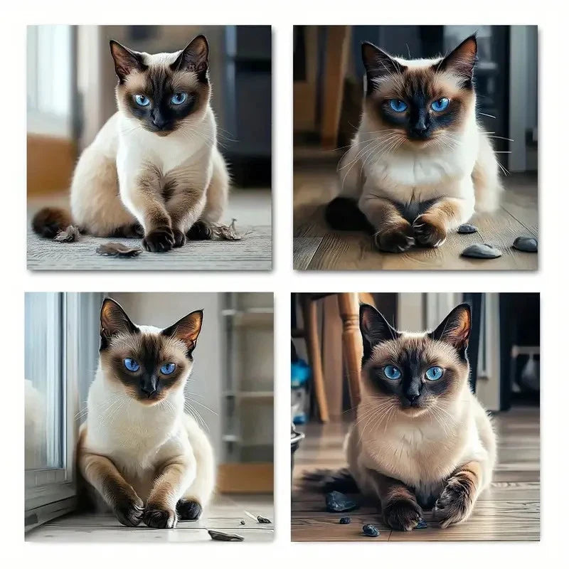 4pcs Classic Style Siamese Cat Wall Art Canvas Framed