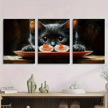 3pcs Charming Black Cat & Sushi Whimsical Metal Print Ready to Hang Art