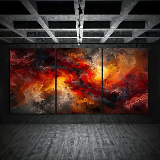 3pcs Abstract Modern Design Red &amp; Stunning Golden Metal Print Ready to Hang Art