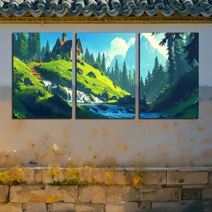 3pcs Majestic Nature Forest Hut Mountain Landscape Metal Print Ready to Hang Art