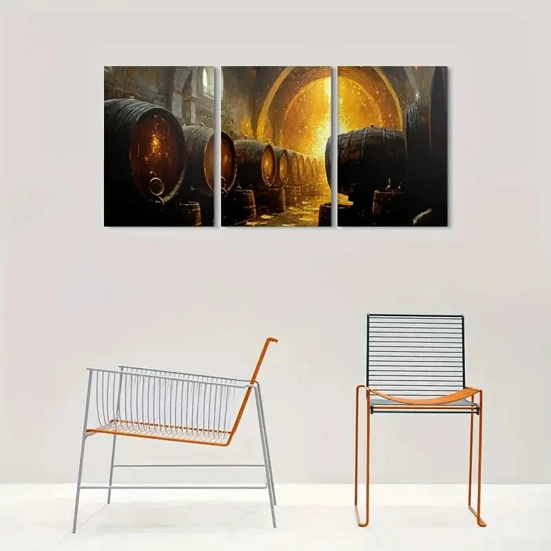 3pcs Golden Barrel Cave Vintage Style Metal Print Ready to Hang Art