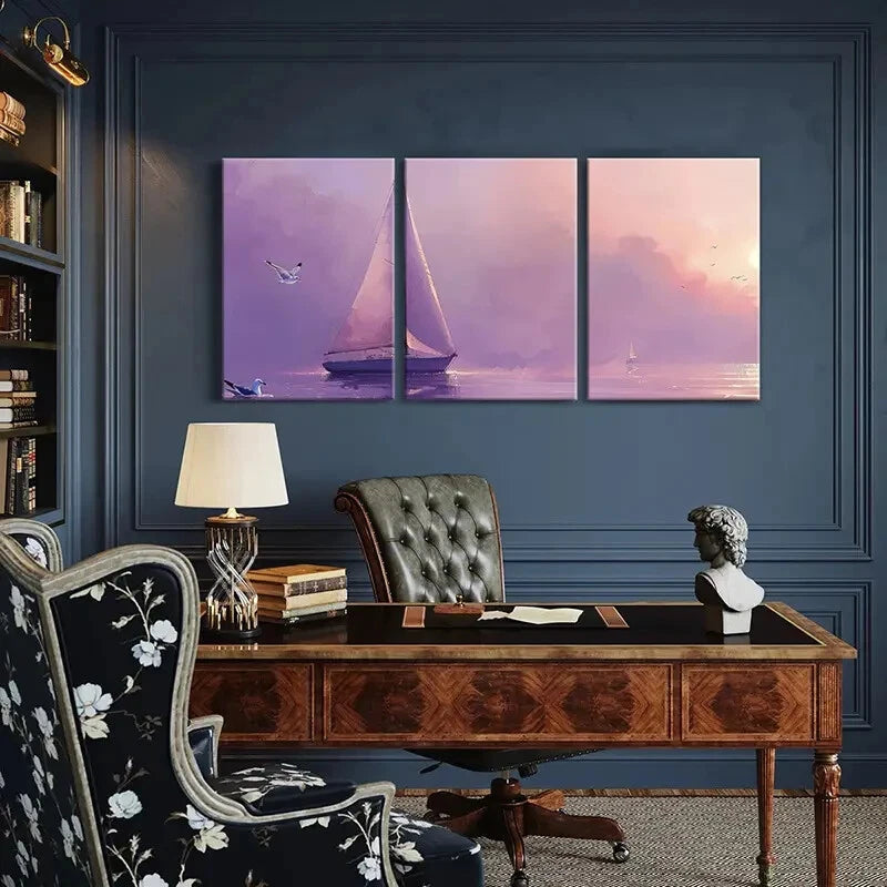 3pcs Sailing Boat Seagulls Sunset Ocean Metal Print Ready to Hang Art