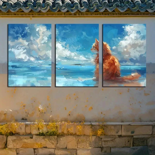 3pcs Calm Sea, Cotton-Like Clouds, and A Deep Blue Metal Print Ready to Hang Art