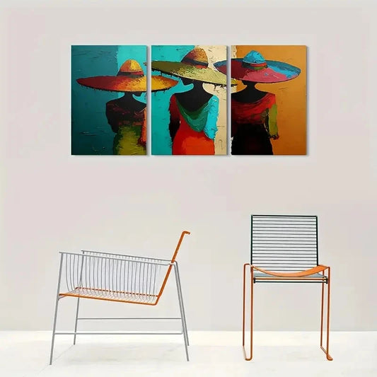 3pcs Women Hats Vibrant Teal Orange Yellow & Blue Metal Print Ready to Hang Art