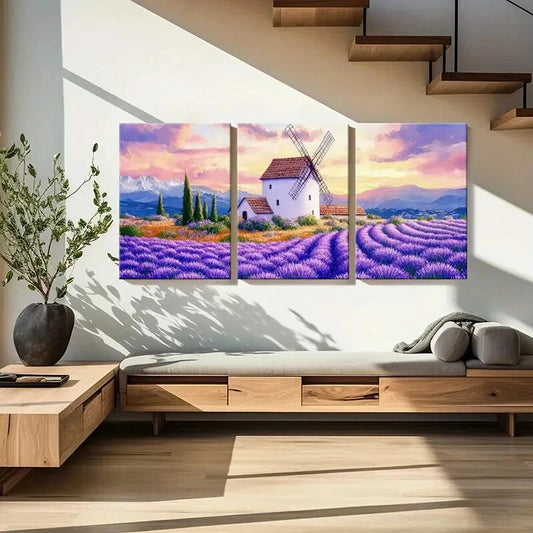 3pcs Lavender Field Windmill Landscape Metal Print Ready to Hang Art