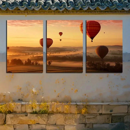 3pcs Vibrant Hot Air Balloon Sunset Scene Metal Print Ready to Hang Art