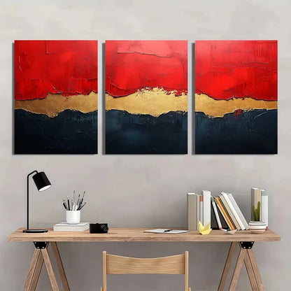 3pcs Abstract Red Beige & Black Textured Metal Print Ready to Hang Art