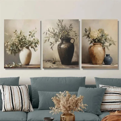 3pcs Painting of Still Life Vases and Branches Metal Print Ready to Hang Art