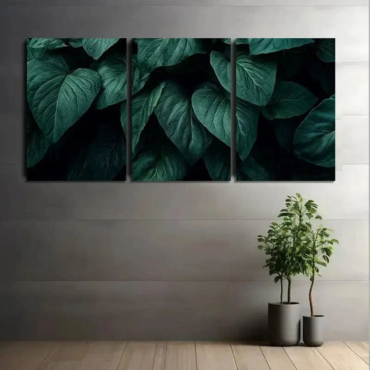 3pcs Botanical Leaf Art Paintings - Dark Green Metal Print Ready to Hang Art