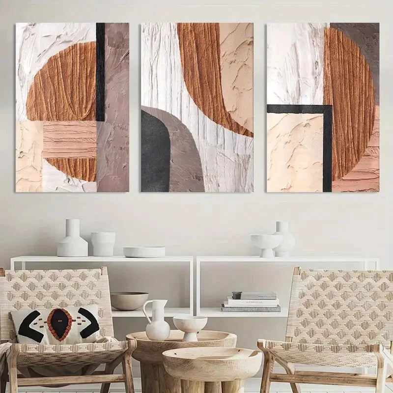 3pcs Neutral Abstract Oval Rectangular Painting Metal Print Ready to Hang Art