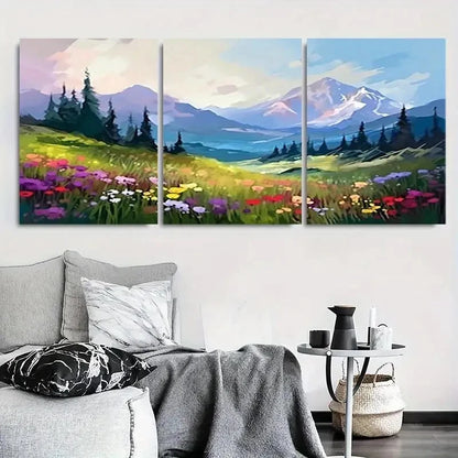 3pcs Alpine Wildflower Meadow Mountain Wall Art Set Canvas Framed 40x60cm - High Quality Print 100% Australian Made Wall Canvas Ready to Hang