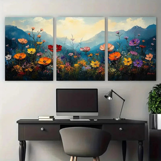 3pcs Mountain Wildflower Colorful Nature Scene Metal Print Ready to Hang Art