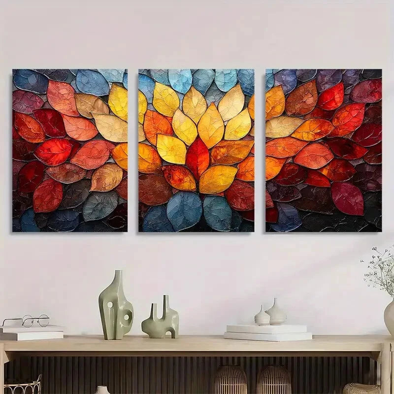 3pcs Vibrant Autumn Leaves Design Metal Print Ready to Hang Art