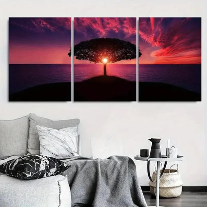 3pcs Vibrant Purple Sky & Ocean Metal Print Ready to Hang Art