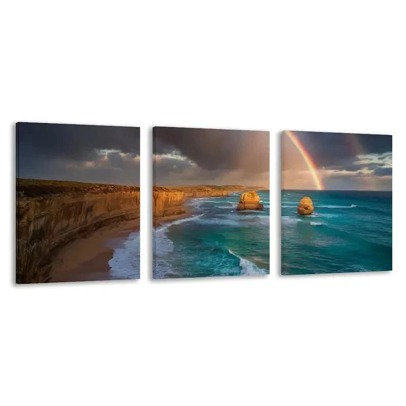 3pcs Rainbow Over Ocean Australian Beach Scene  Wall Art Set Canvas Framed 60x90cm - High Quality Print 100% Australian Made Wall Canvas Ready to Hang
