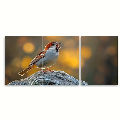 3pcs Perched Sparrow Bird Singing Metal Print Ready to Hang Art