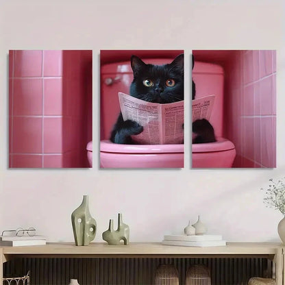 3pcs Whimsical Black Cat on Pink Toilet Metal Print Ready to Hang Art