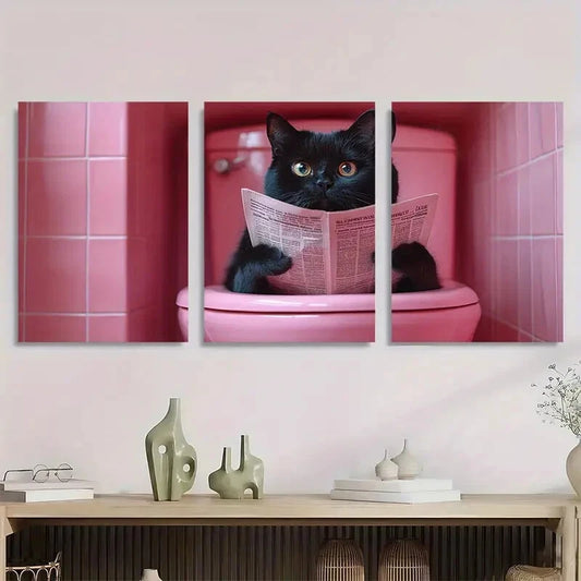 3pcs Whimsical Black Cat on Pink Toilet Metal Print Ready to Hang Art