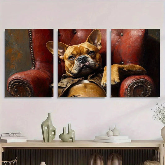 3pcs Humorous Brown Bulldog Animal Themed Metal Print Ready to Hang Art