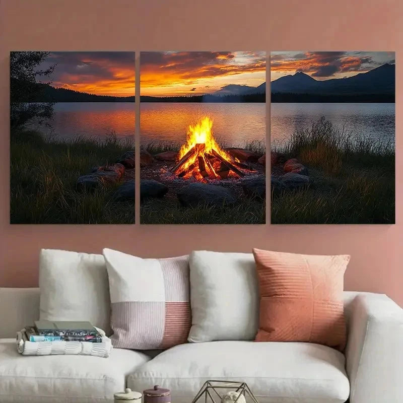 3pcs Bonfire Camping Illustration Metal Print Ready to Hang Art