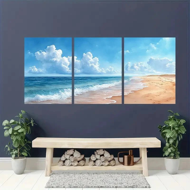 3pcs Serene Ocean Waves & Sandy Shores Watercolor Metal Print Ready to Hang Art