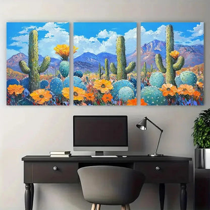 3pcs Vibrant Cactus Flowers Arizona Impasto Design Metal Print Ready to Hang Art