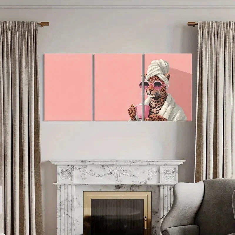 3pcs Artistic Leopard with Glasses Pink Mug Metal Print Ready to Hang Art