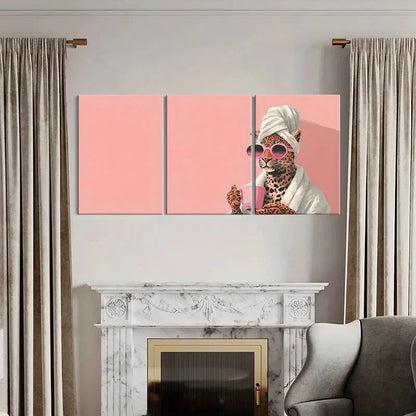 3pcs Artistic Leopard with Glasses Pink Mug Metal Print Ready to Hang Art
