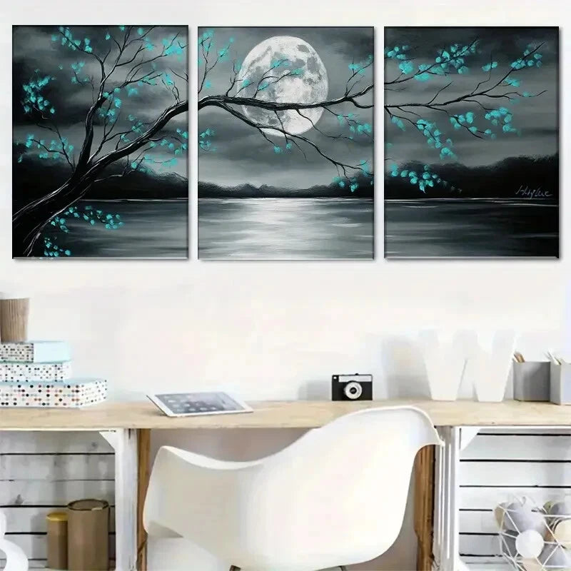 3pcs Gray and Teal Floral Landscape with Full Moon Metal Print Ready to Hang Art