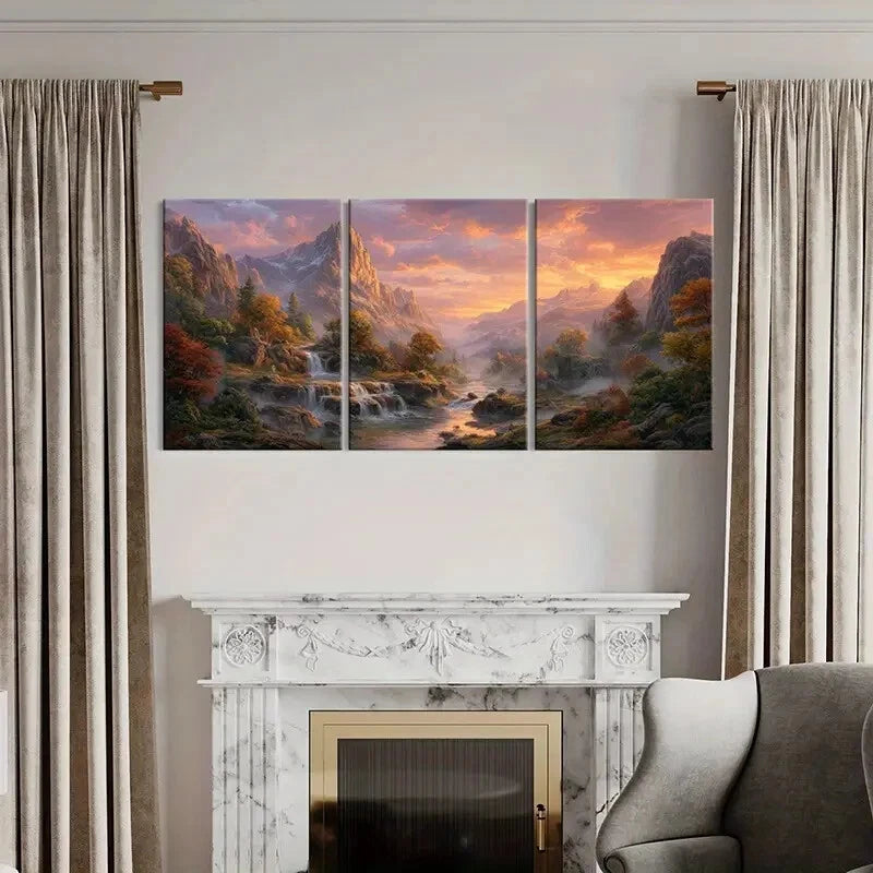 3pcs Autumn Mountain Landscape Waterfall Scenery Metal Print Ready to Hang Art
