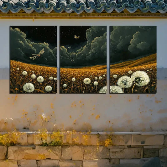 3pcs Vibrant Dandelion with Dragonfly Metal Print Ready to Hang Art