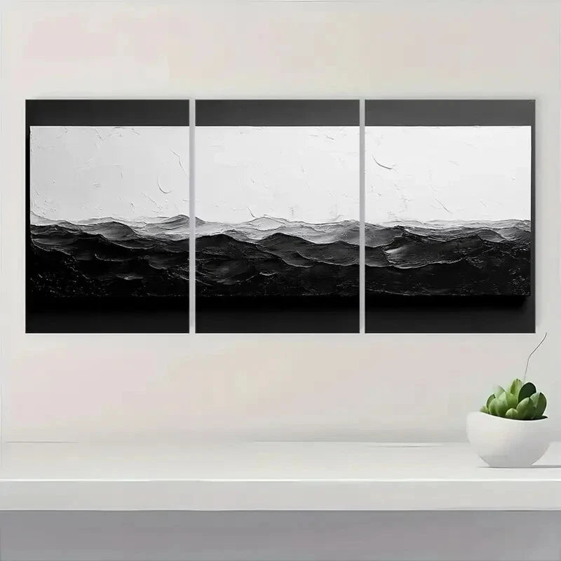 3pcs Black and White Abstract Textured Metal Print Ready to Hang Art