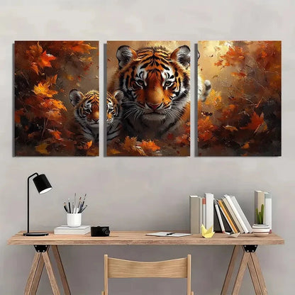 3pcs Tiger and Cub Vibrant Autumn Forest Scene Metal Print Ready to Hang Art
