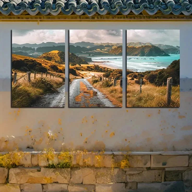 3pcs Vibrant Coastal Highway Beach Scenes Metal Print Ready to Hang Art