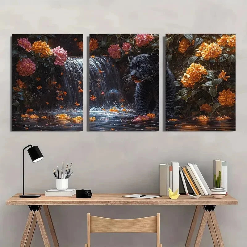 3pcs Black Panther Cub Waterfall & Floral Metal Print Ready to Hang Art