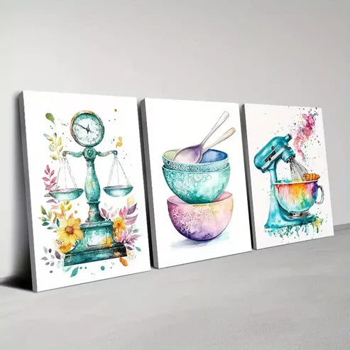 3pcs Colorful Classic Modern Watercolor Kitchen Wall Art Canvas Unframed - High Quality Print 100% Australian Made Wall Canvas