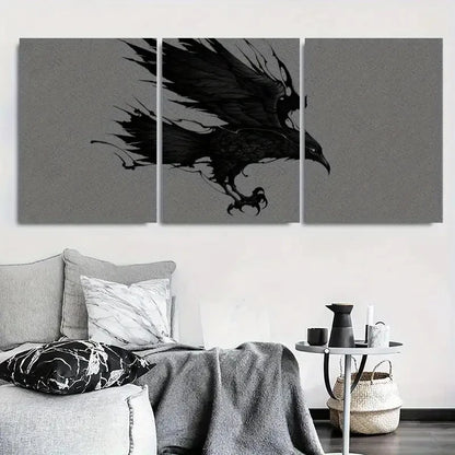 3pcs Black Bird in Flight with Dramatic Wings Metal Print Ready to Hang Art