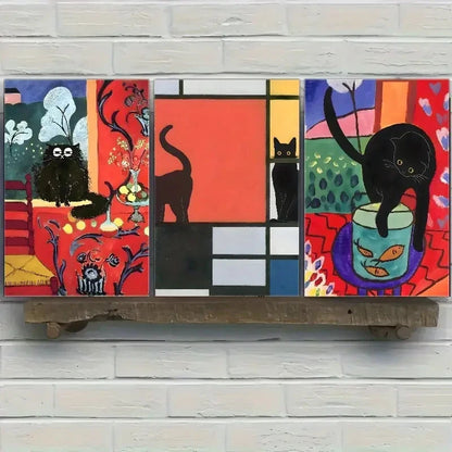 3pcs Whimsical Cat & Vibrant Floral Designs Metal Print Ready to Hang Art