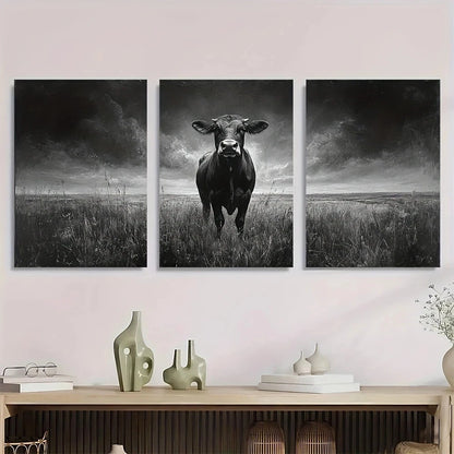3pcs Black and White Land Cow Vintage Metal Print Ready to Hang Art