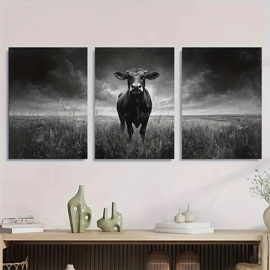 3pcs Black and White Land Cow Vintage Metal Print Ready to Hang Art