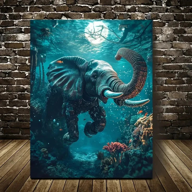 Steampunk Elephant in Coral Reef Underwater Painting 40x60cm Metal Print Ready to Hang