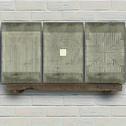 3pcs Chic Green & White Geometric Designs Metal Print Ready to Hang Art