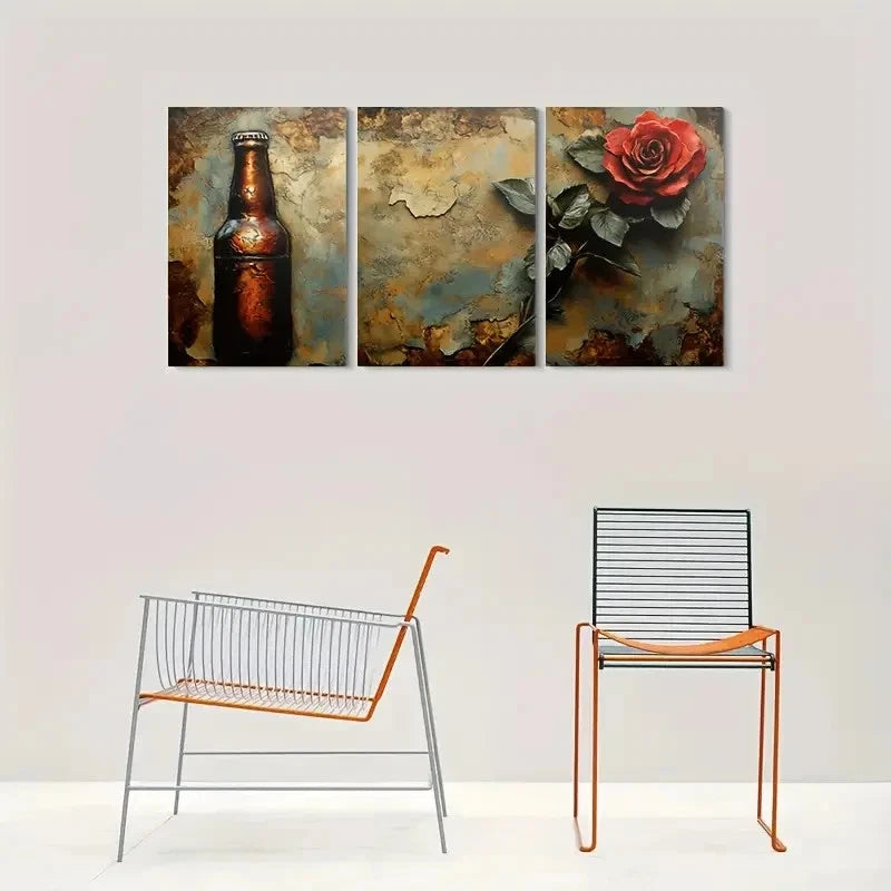 3pcs Rustic Beer Bottle & Rose Painting Metal Print Ready to Hang Art
