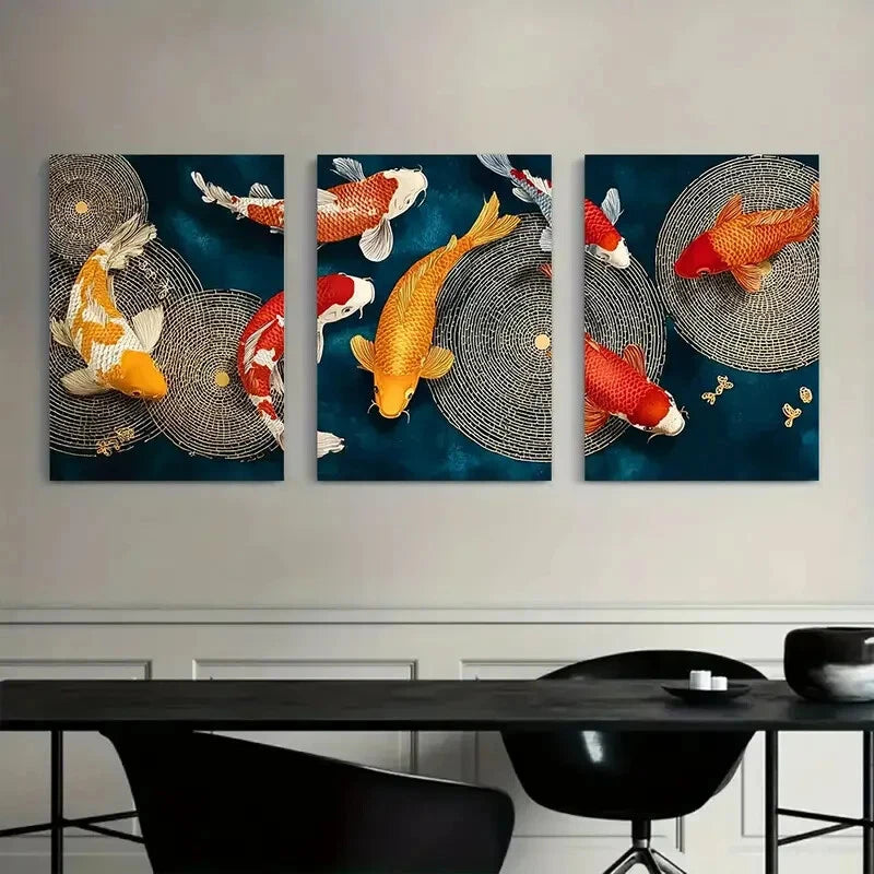 3pcs Koi Fish Vibrant Orange White Blue Metal Print Ready to Hang Art