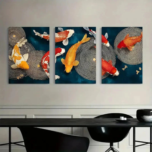 3pcs Koi Fish Vibrant Orange White Blue Metal Print Ready to Hang Art