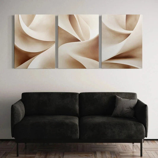 3pcs Beige Abstract White Brush Strokes Metal Print Ready to Hang Art