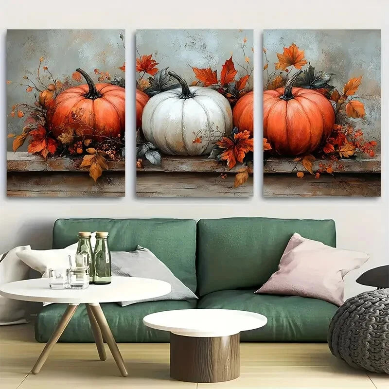 3pcs Pumpkins with Autumn Leaves Rustic Farmhouse Metal Print Ready to Hang Art